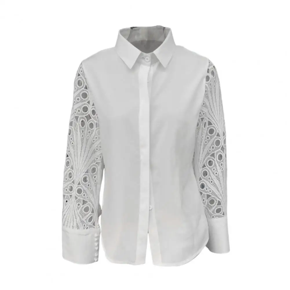 Top de retazos de encaje para mujer, camisa elegante de empalme de encaje con cuello de solapa, mangas largas, diseño hueco elegante, Verano