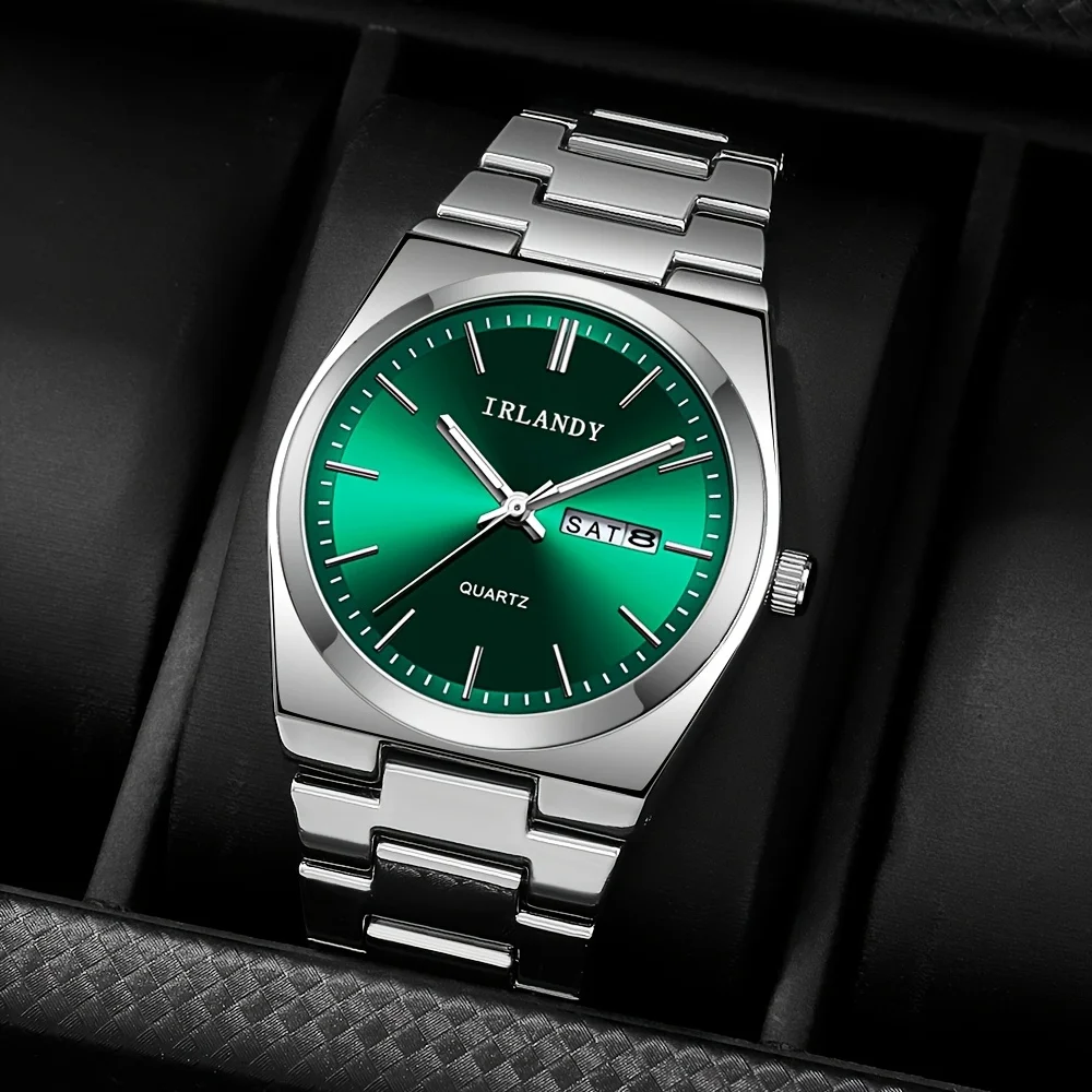 High-grade men's stainless steel bracelet quartz wristwatch, round dial with Roman numerals - essential fashion item for travel