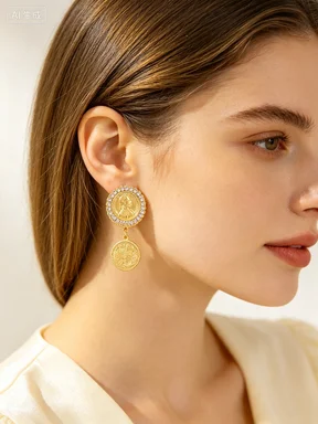 Vintage Gold Coin Drop Earrings Women Rhinestone Halo Portrait Medallion Leverback Earrings Daily Party Luxury Jewelry Gift