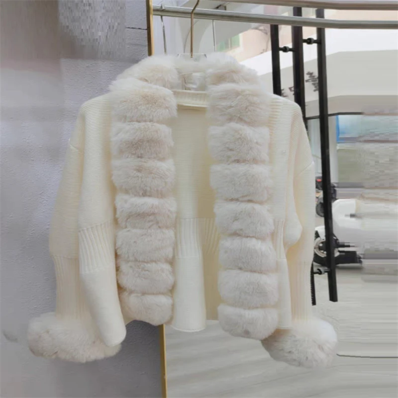 Faux Fur Coat Patchwork Knit Fur Knitted Cardigan Detachable Collar Jacket Sweater Bandage Autumn-winter Women's Fur Cardigan