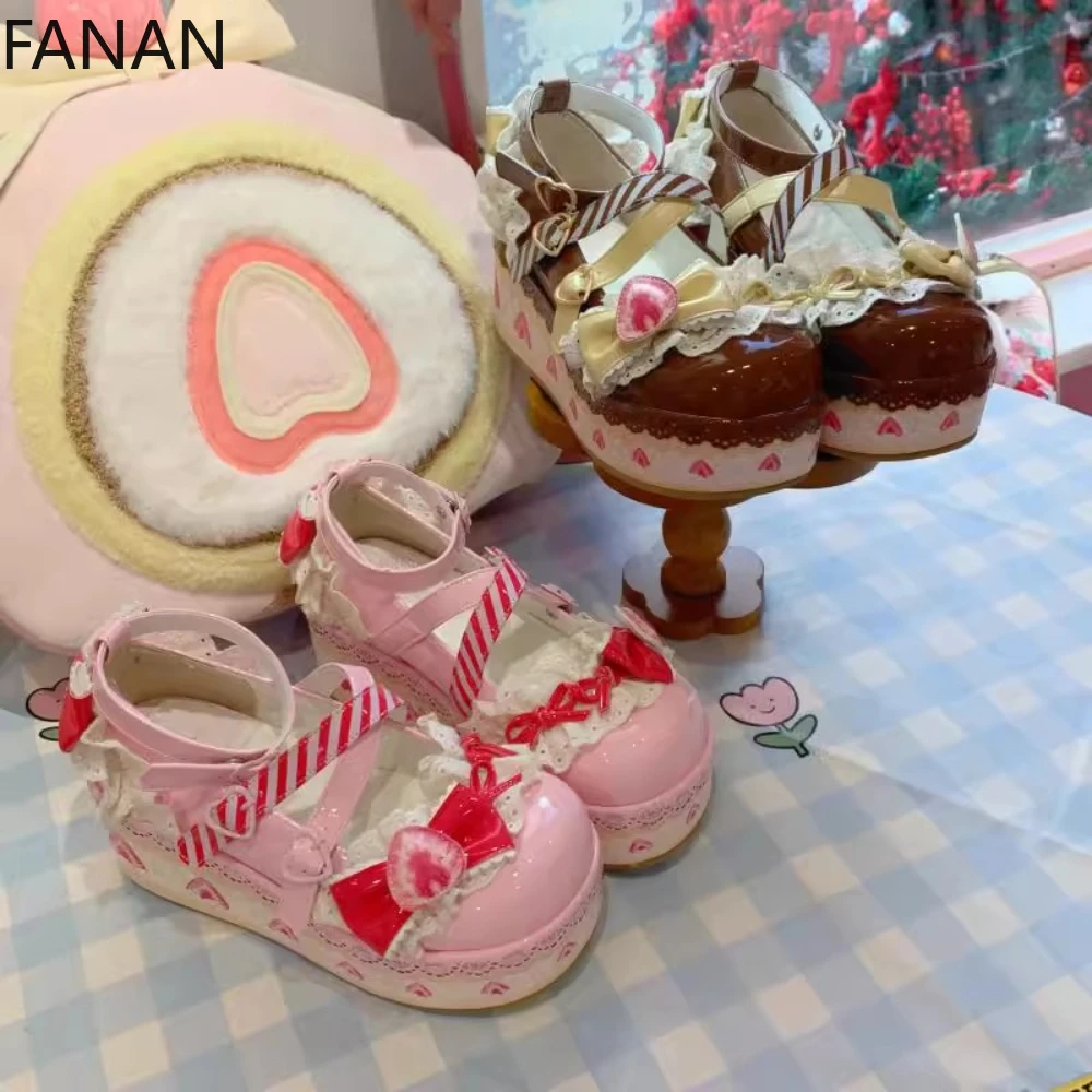 

2025 New Strawberry Lolita High Heel Women's Shoes Bow Sweet Platform Flats Mary Jane Shoes Summer Pink Kawaii Shoes