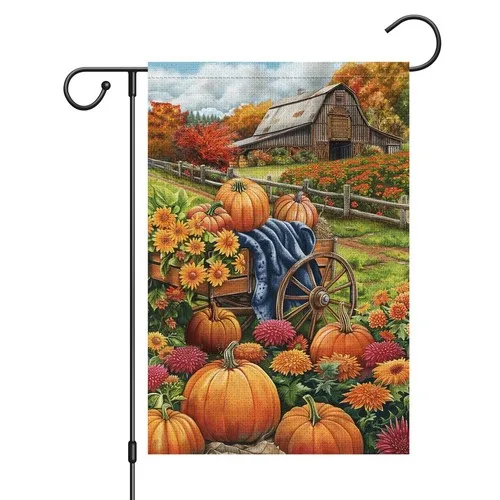 1 Pack Fall Garden Flag Hello Pumpkin Sign 12 x 18 Inch Double Sided Burlap YYZ