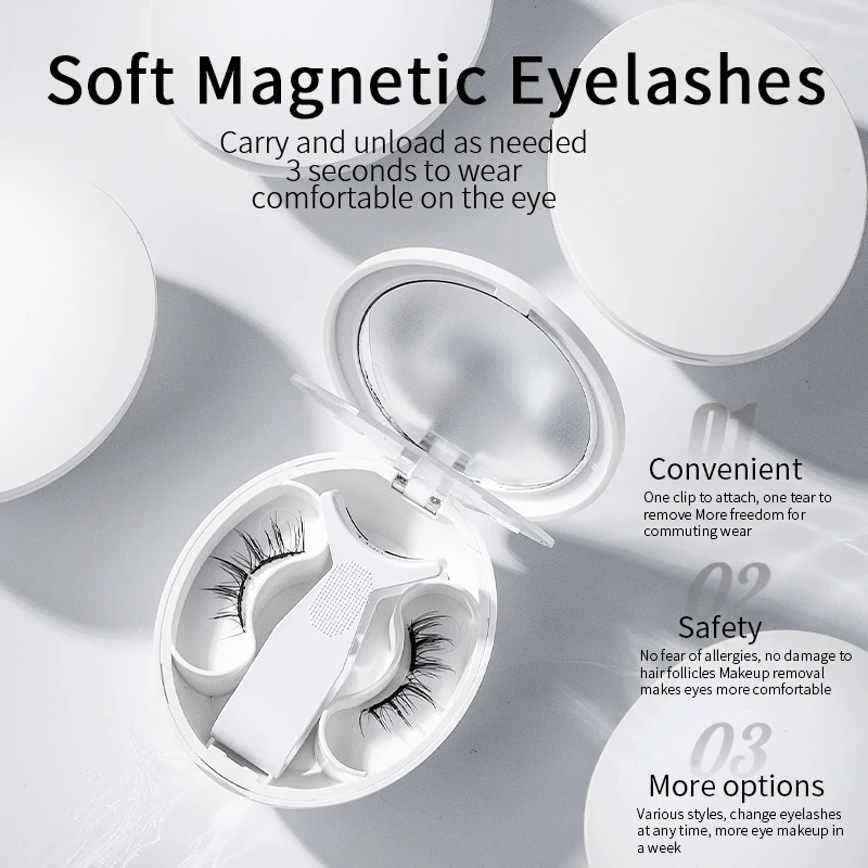 Soft Magnetic Eyelashes Glue-free Easy Apply Handmade Natural Curly 1 Pair Faux Mink Set with Lash Holder