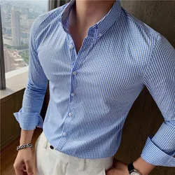 2024 Brand clothing Men spring high quality pure cotton Long seeve shirts/Mae sim fit plaid lapel Business shirts Plus size 4XL