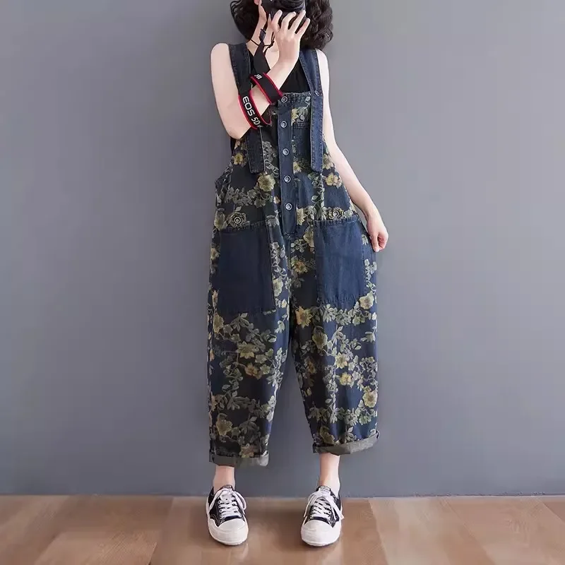 봄 인쇄 꽃 데님 점프 슈트 여성 빈티지 streetwear 대형 바지 루즈 와이드 레그 오버올 스트랩 헐렁한 바지 jj51