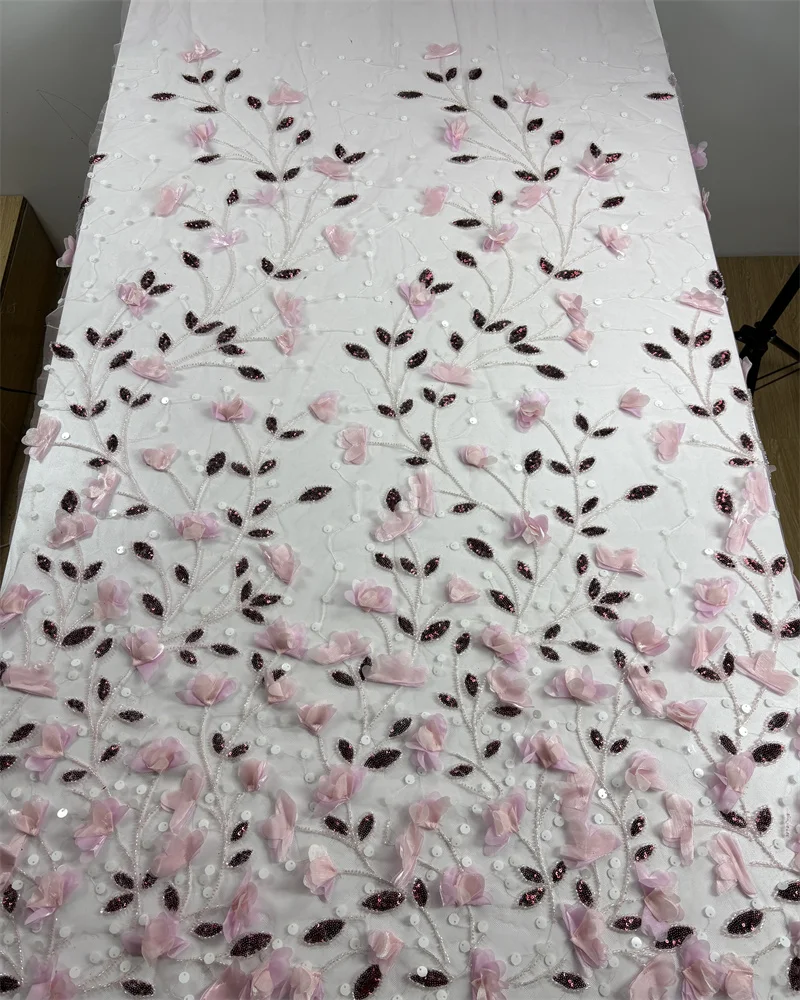 

African Nigerian 3D Lace Flower Fabric 2026 High Quality With Sequins Beaded Embroidery French For Luxury Wedding Party
