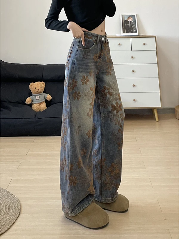 

Американские винтажные джинсы с принтом, широкие штанины, прямой крой, женские, осенне-зимние, свободные, повседневные, с цветочным узором