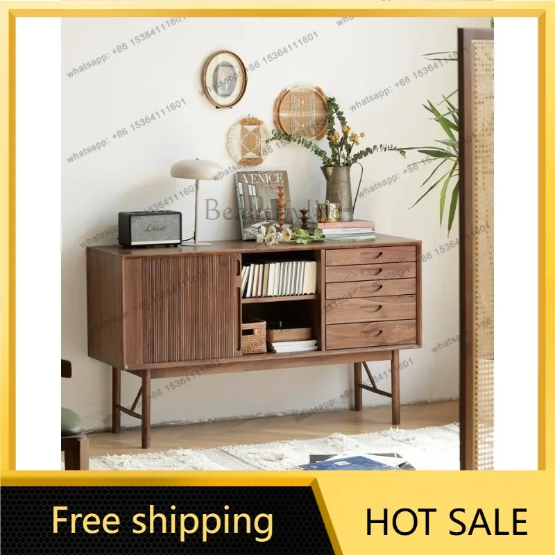 YJ Solid Wood Sideboard Black Walnut Locker Wall Sofa Side Cabinet