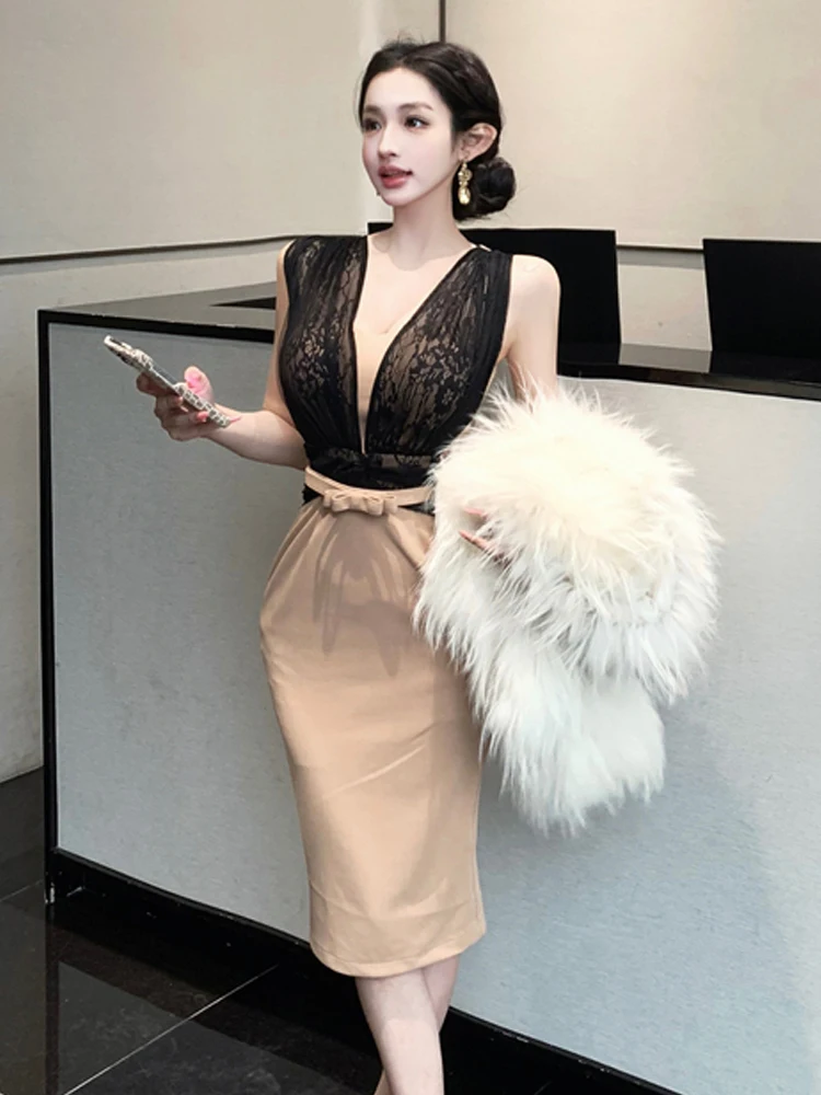 

Sexy Vintage Lace Knot Waist Cinched Butt Hing V-ne Svel Dr High Waist Other Material Mid-thi H-aped