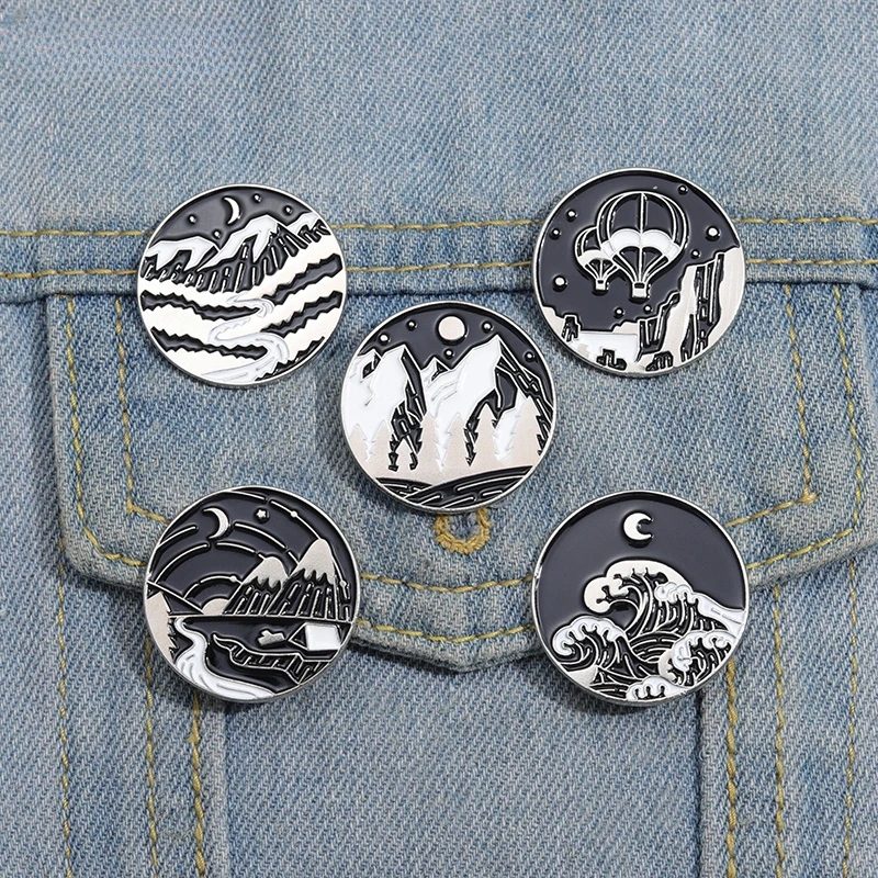 Mountains Rivers Lakes Enamel Pins Natural Scenery Night Starry Sky Ocean Waves Brooches Lapel Badges Hat Clothes Jewelry Gifts