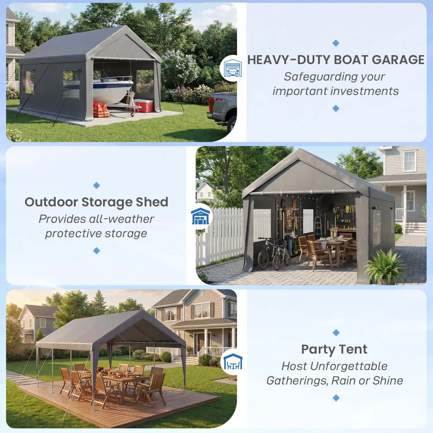 10x20 FT Heavy Duty Carport Canopy with Sidewalls, Grey | Car Port with All-Season Tarp for Cars, Portable Garage Tent, Custom view 5