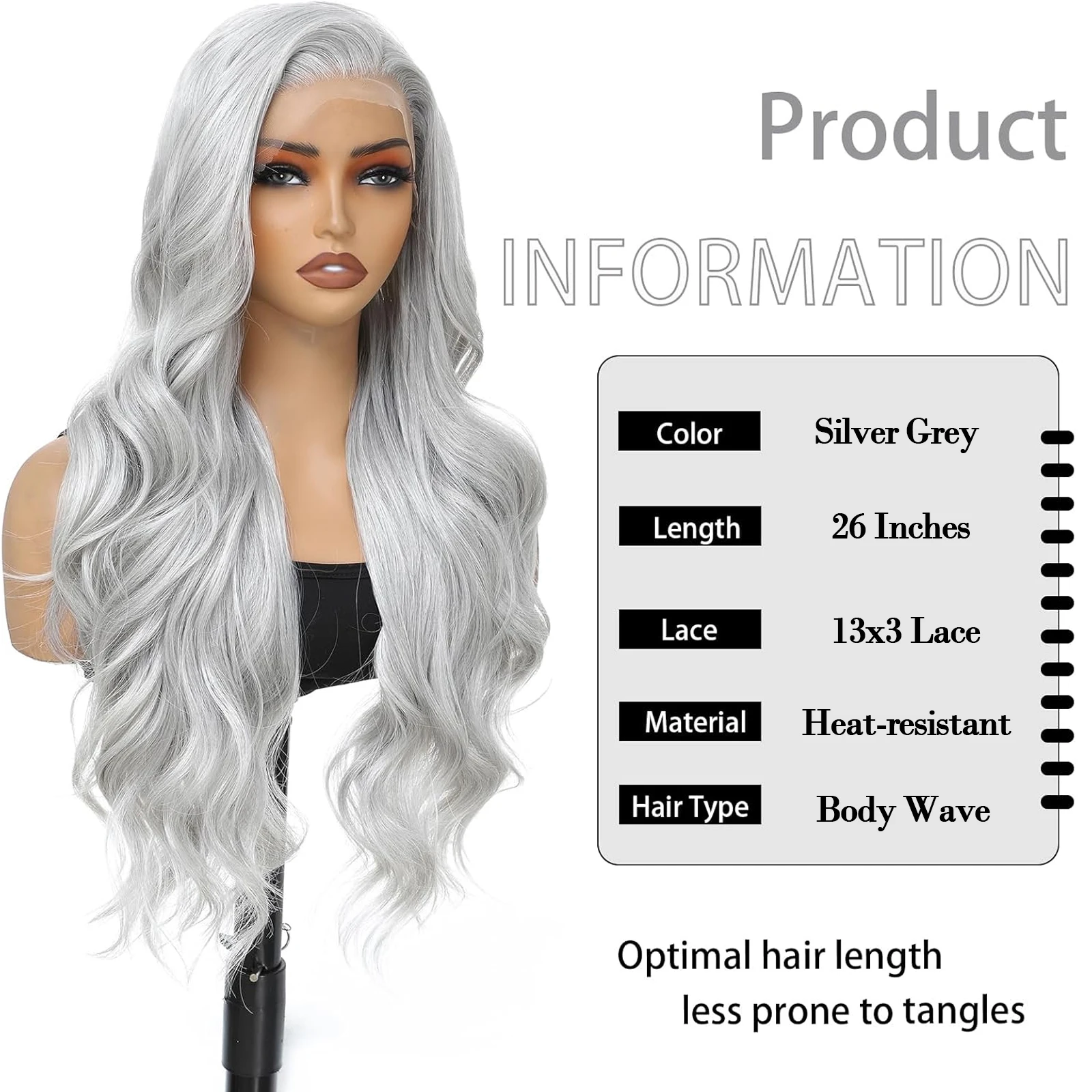 13x3 Lace Front Wigs for Black Women Cosplay Silver Grey Colored Body Wave Synthetic Hair Wig 26 Inch Long Wavy Lace Frontal Wig