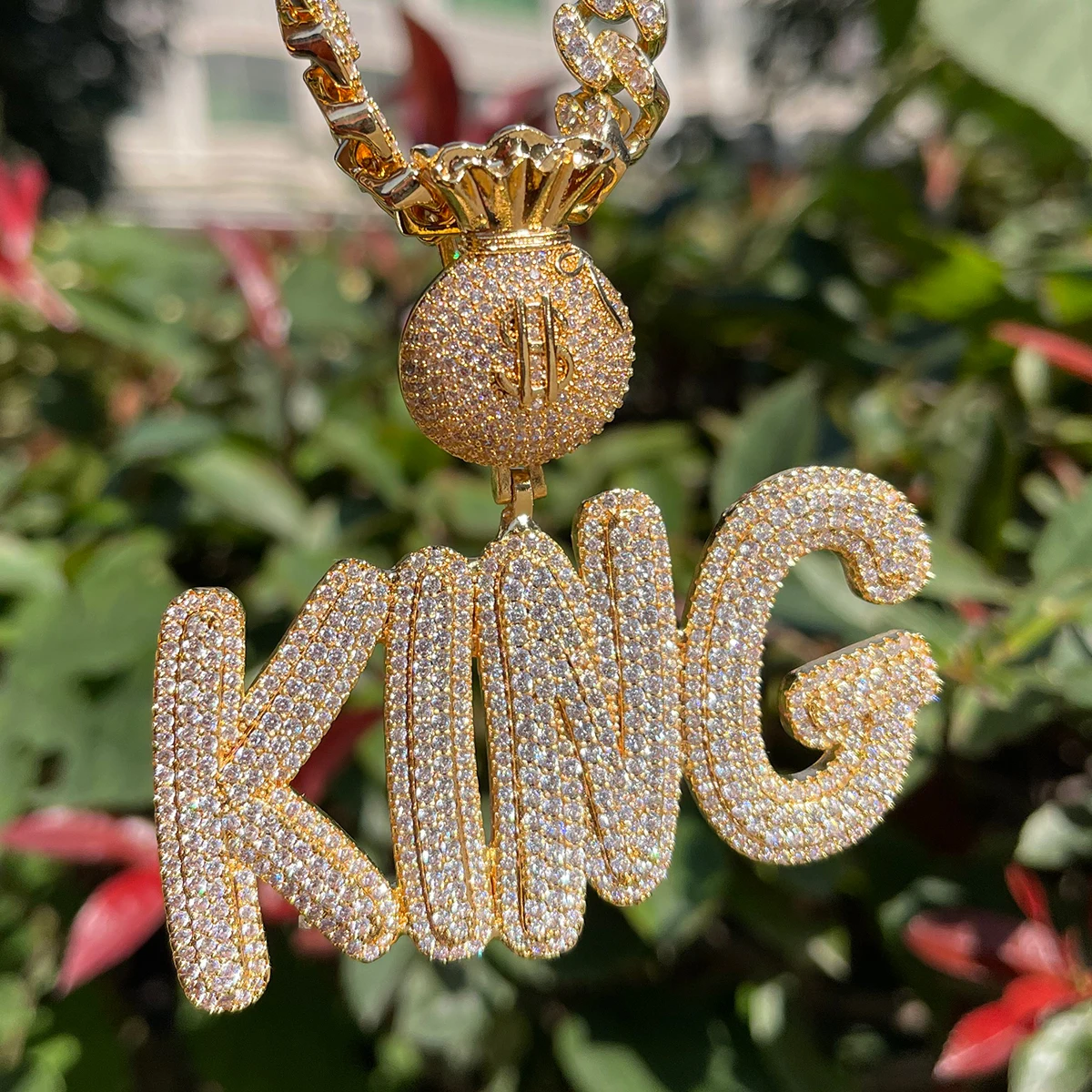 Bubble Letter Custom Name Necklace for Men Money Bag Bail Iced Out Personalized Pendant Prong Setting Hip Hop Jewelry