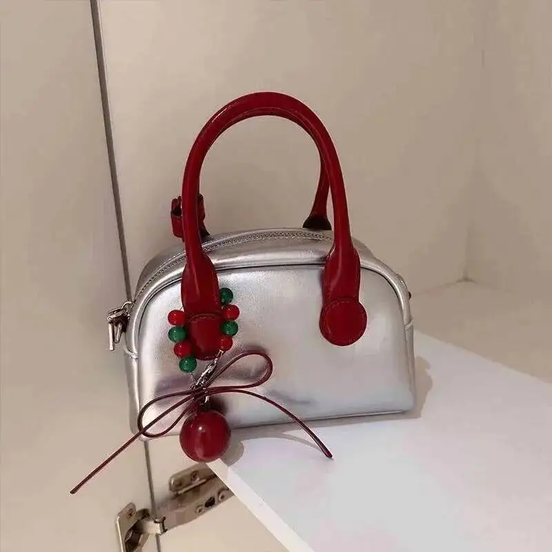 Hot Girl Cute Sier Bowling Handbag Women Fashion Leather Petite Shoulder Ladies Stylish Casual Versatile Crossbody Bag New