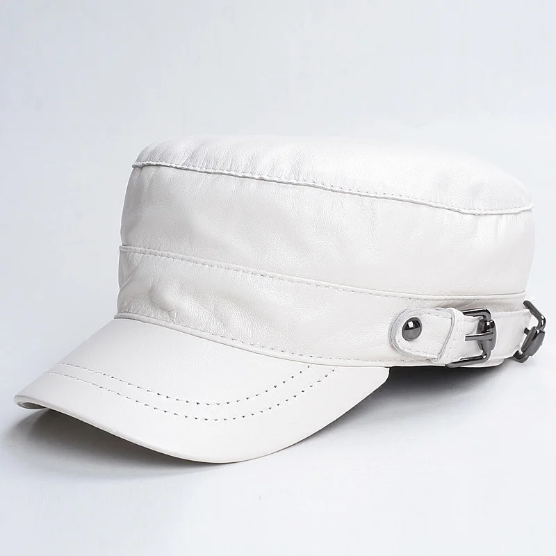 Flat Top Korean Military Hats Men Genuine Leather Fitted White Caps Male Young Thin Casual Casquette Homer