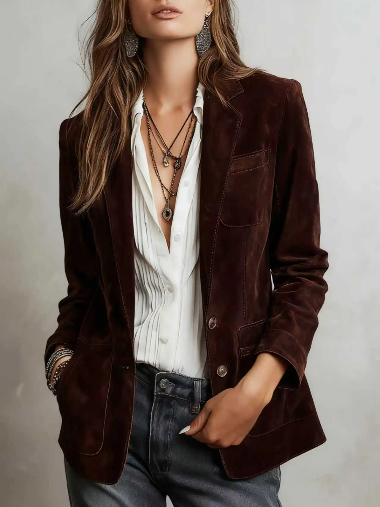 

Suede Velvet Jacket for Women's Solid American Retro Pockets Single Breasted Notched Collar Office Lady Short Coat Autumn