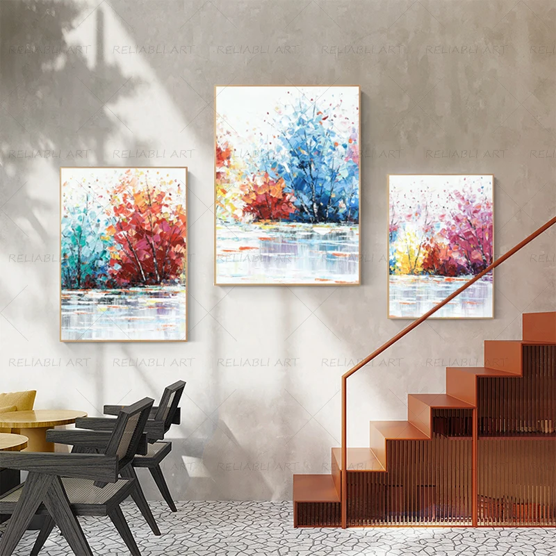 3 Panels Abstract Colorful Oil Painting Printed on Canvas Modern Home Decor Wall Art Pictures for Living Room Tree Cuadros