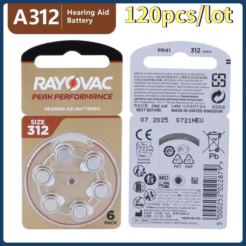 

120PCS Hearing Aid Batteries RAYOVAC PEAK 1.45V 312 312A A312 PR41 Zinc Air Battery For BTE CIC RIC OE Hearing Aids