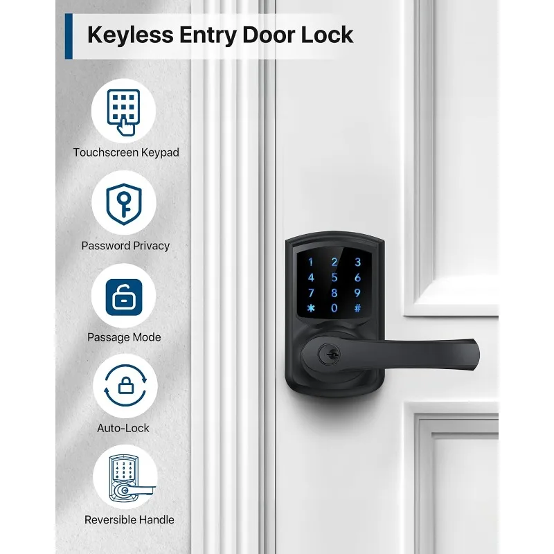 Keyless Entry Door Lock, Keypad Door Lock with Handle, Electronic Door Lock, Touchscreen, Auto-Locking, Anti-peep Password