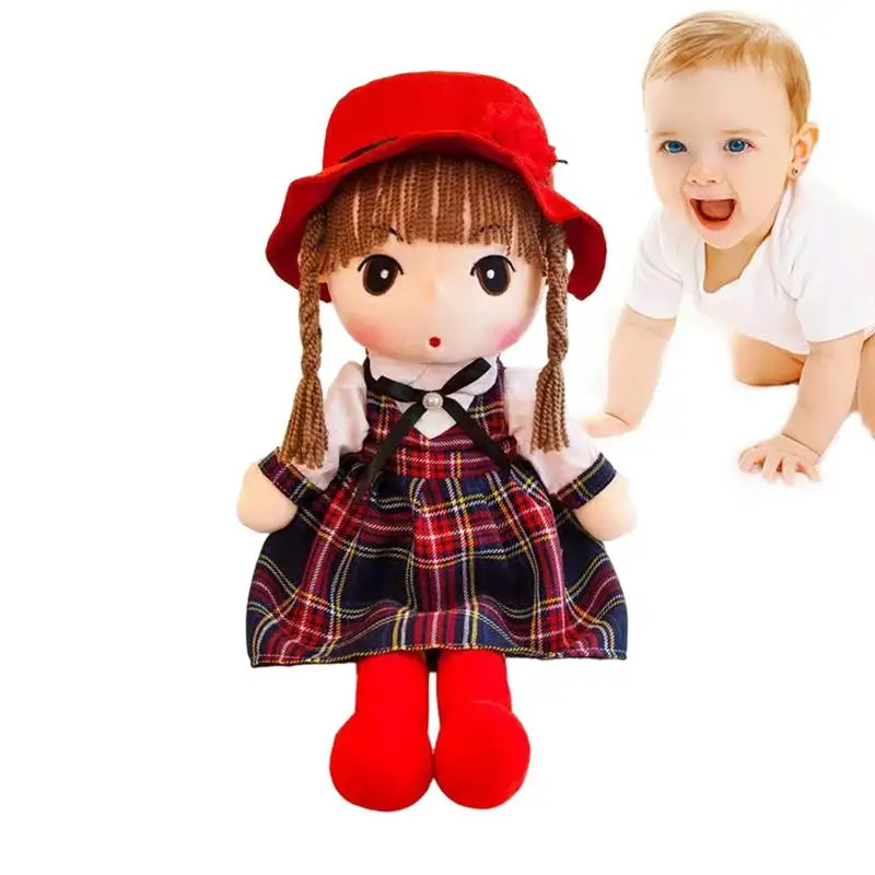 Stuffed Girl Doll Soft Buddy With Hat And Clothes Sleeping Partner Dolls Brown Hair First Rag Doll Portable Girl Toy For Kids