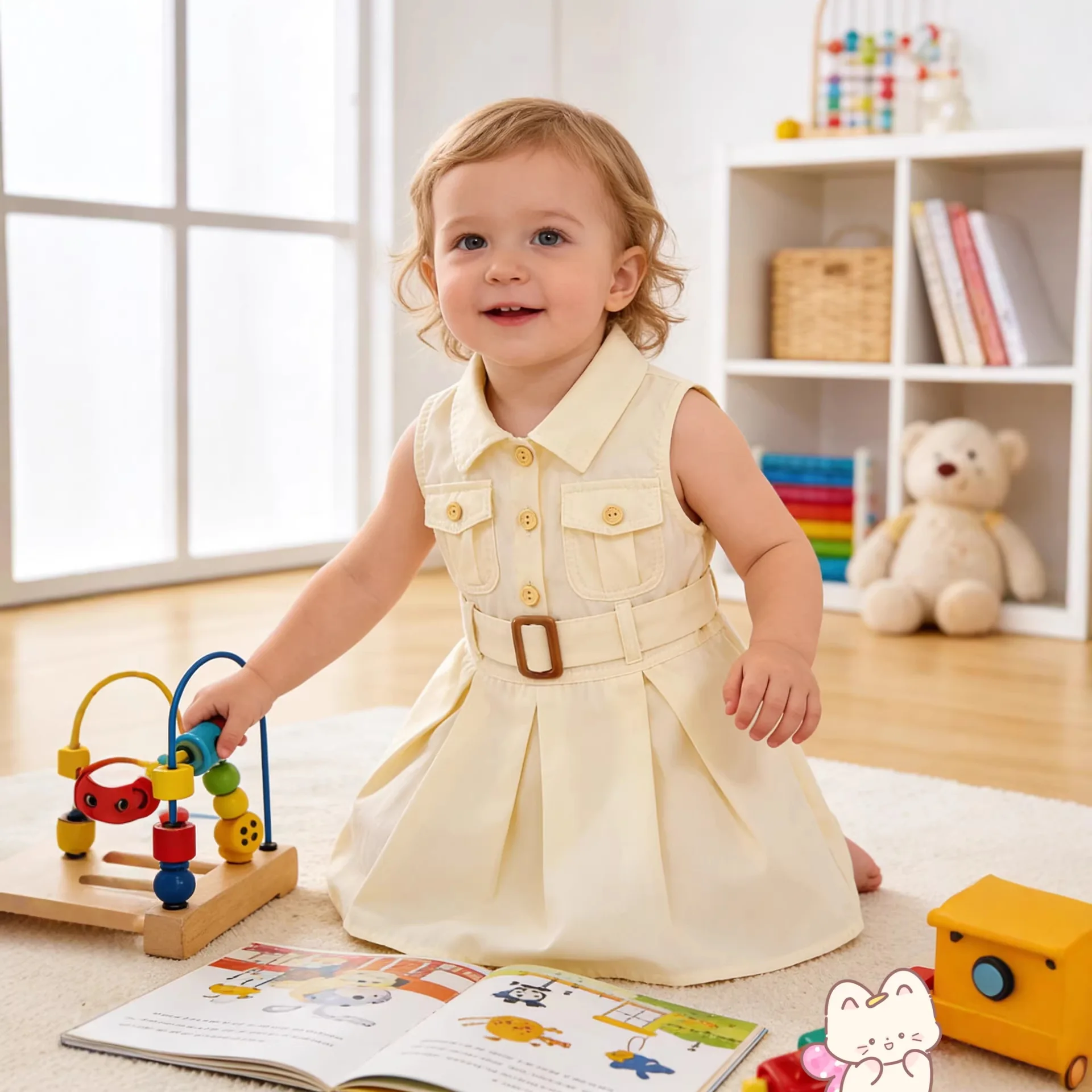 Girls' sleeveless dress, lapel waist strap pleated skirt, infant and child fashion solid color skirt, sweet and cute