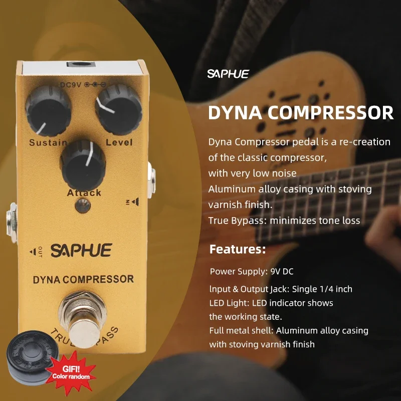 SAPHUE Dyna Compressor Pedal Sustain/Level/Attack Knob Classic Compressor Effect Pedal Mini Single Type DC 9V True Bypass