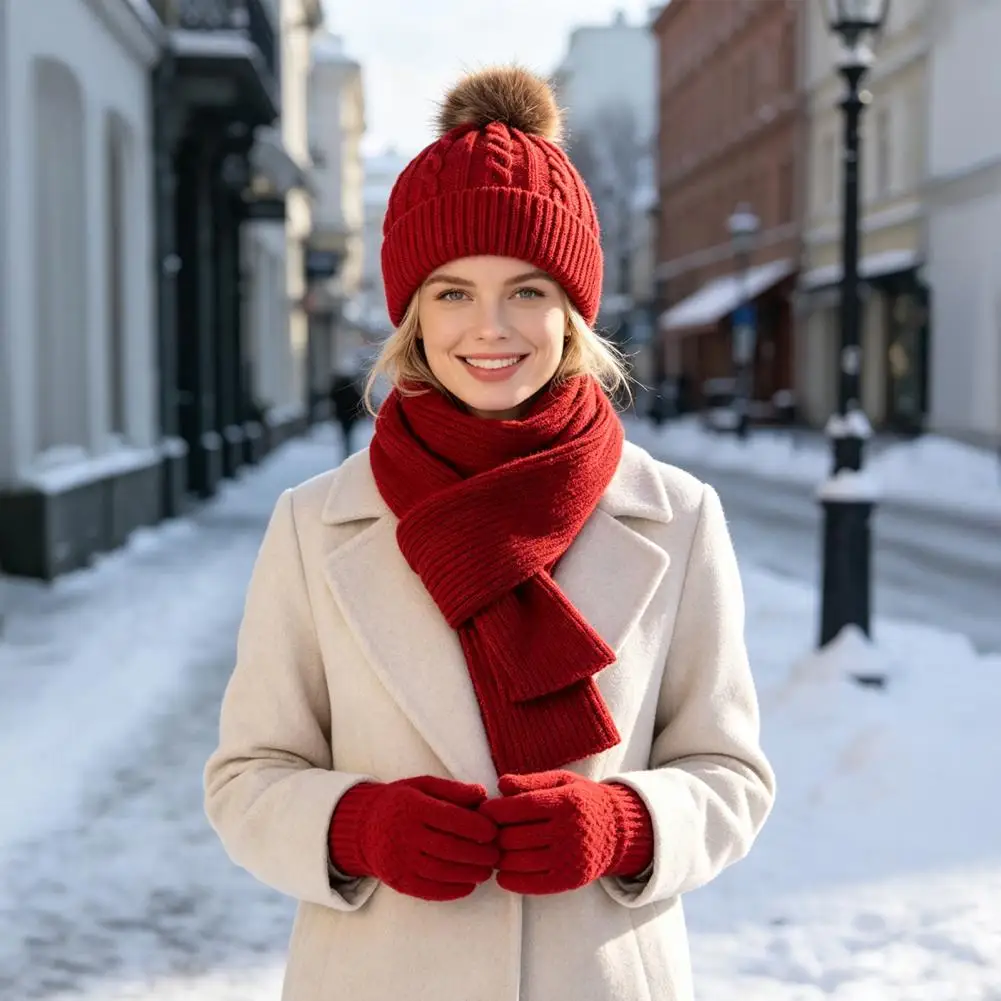 Thickened Thermal Accessories for Women Winter Hat Scarf Gloves Set Knitted Pom Pom Thermal Touchscreen for Men for Seasons