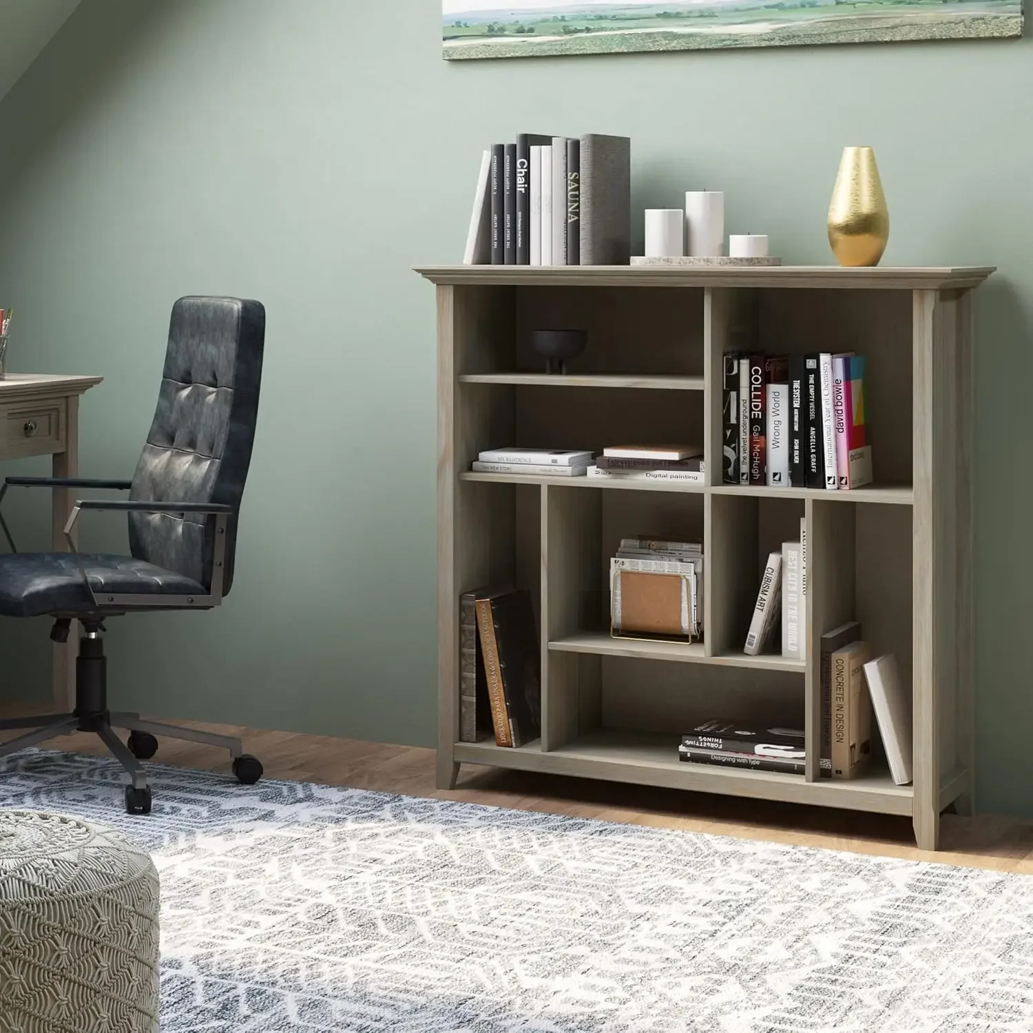 Amherst SOLID WOOD 44 Inch Transitional Multi Cube Bookcase and Storage Unit in Distressed Grey, For the Living Room, Study Room