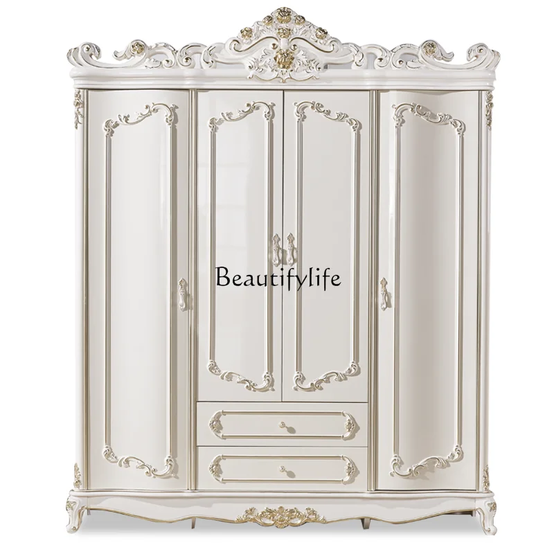 

Solid wood European wood wardrobe combination large wardrobe champagne gold luxury engraved cabinet