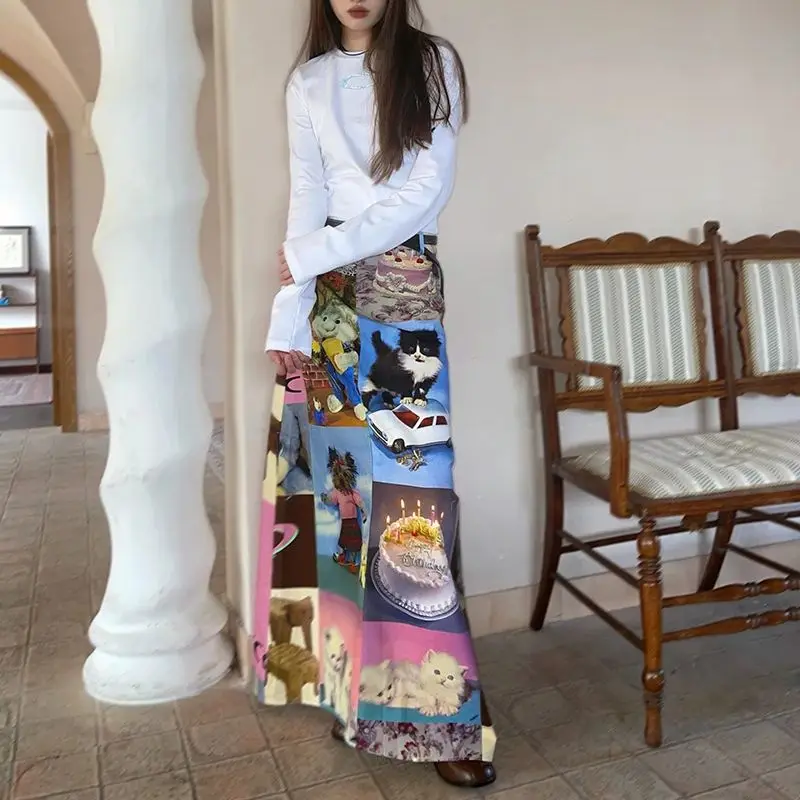 

Новая уличная повседневная юбка трапециевидной формы с высокой талией Femme Y2k 2000s, милая вечерняя клубная юбка T936, женская длинная юбка с принтом в стиле ретро, летняя