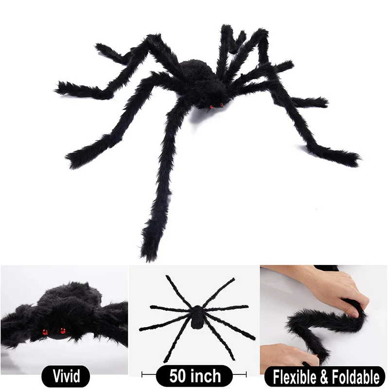 Riesiges rundes Spinnennetz und große haarige künstliche Spinne – gruselige Requisiten für Halloween-Dekorationen für Garten, Tür & Outdoor-Deko, Partygeschenke – Detail 15