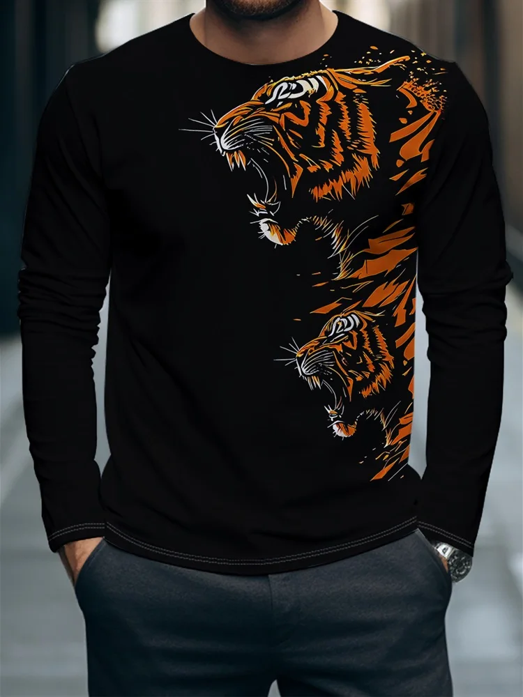 Men's Tiger Long Sleeve T-Shirt Roaring Tiger Graphic Tee Black Orange Animal Pullover Tops Gift New 2026 Streetwear Fashion