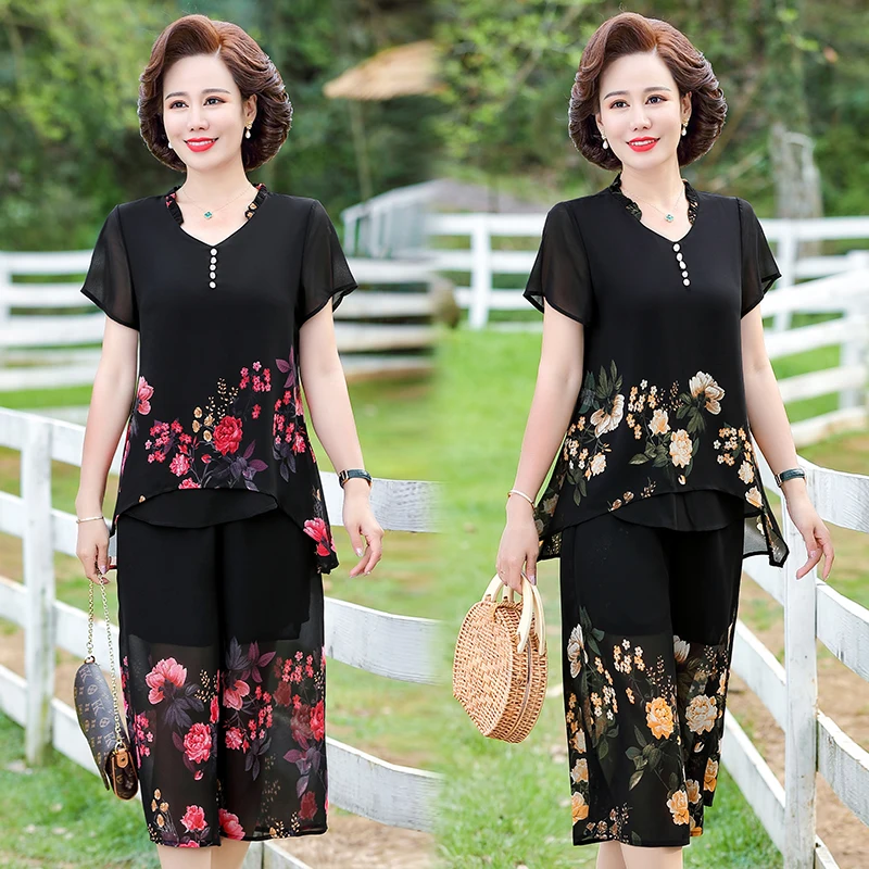 Elegant floral Middle-aged Womens Summer Suits Short Sleeve Chiffon T-shirt Top &Wide-leg Pants 2 Pcs Sets 5XL