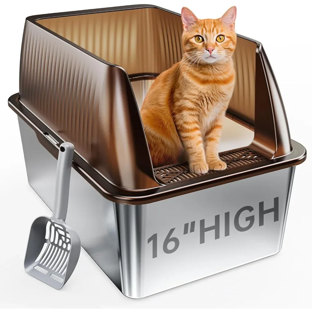 16” XL Stainless Steel Cat Litter Box Enclosure,Extra Large Metal Cat Litter Box, Anti Leakage, Easy Cleaning, Includes Scoop