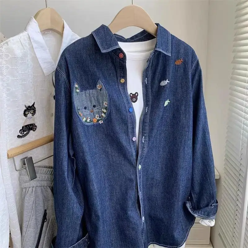 

Loose Fit Men's Denim irt Waed Deep Blue Long Sve Faionable Casual Outerwear Autumn Season Regular Thin ort S...