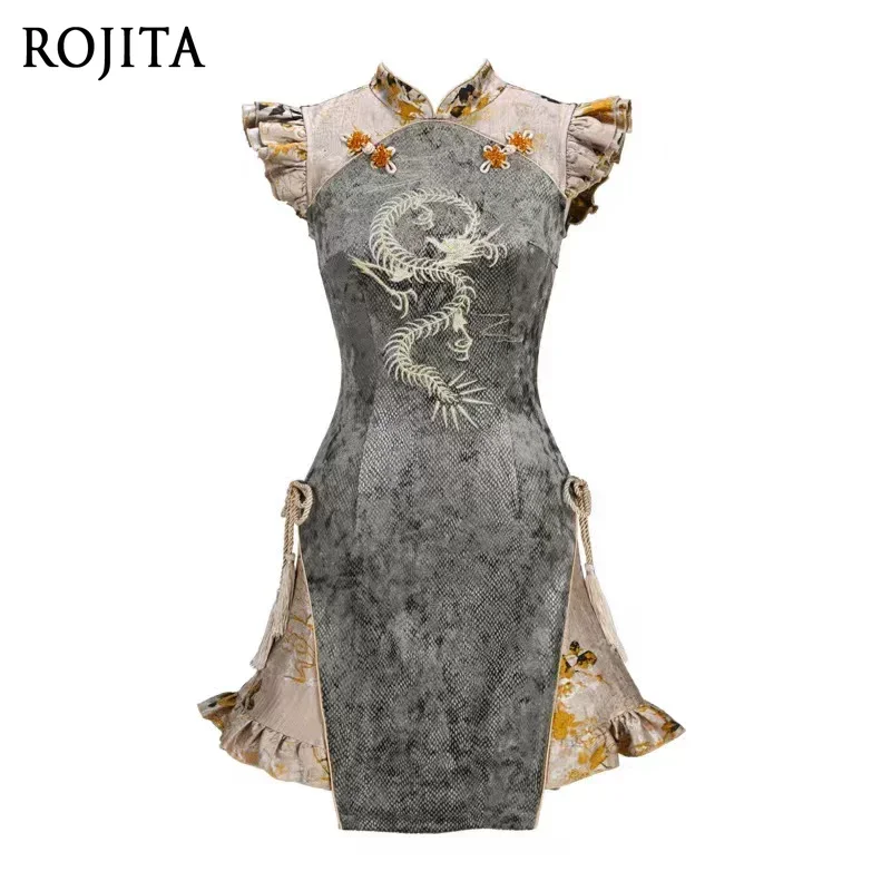 

Chinese Style Dragon Embroidery Cheongsam Dress Velvet Mini Qipao Dress Women Stand Collar Flutter Sleeve Split Short Dress