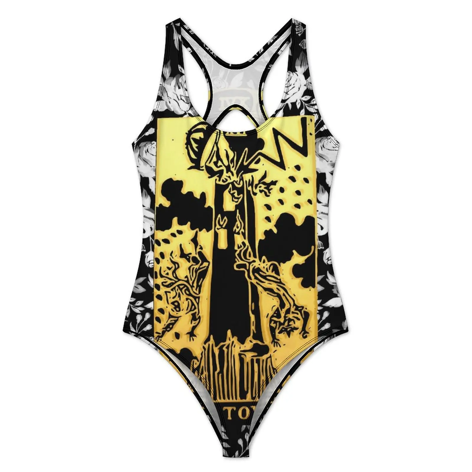 Floral Tarot Print Swimsuit The Tower Swimwear One Piece Surfing Swimsuits Hollow Out Bathing Suits Lady Push Up Sexy Beach Wear