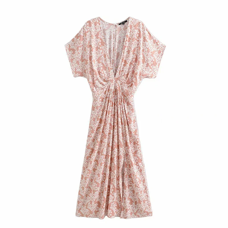 

Cotton Bat Short-Sleeved Deep V-Neck Print Side Split Maxi Long Dress