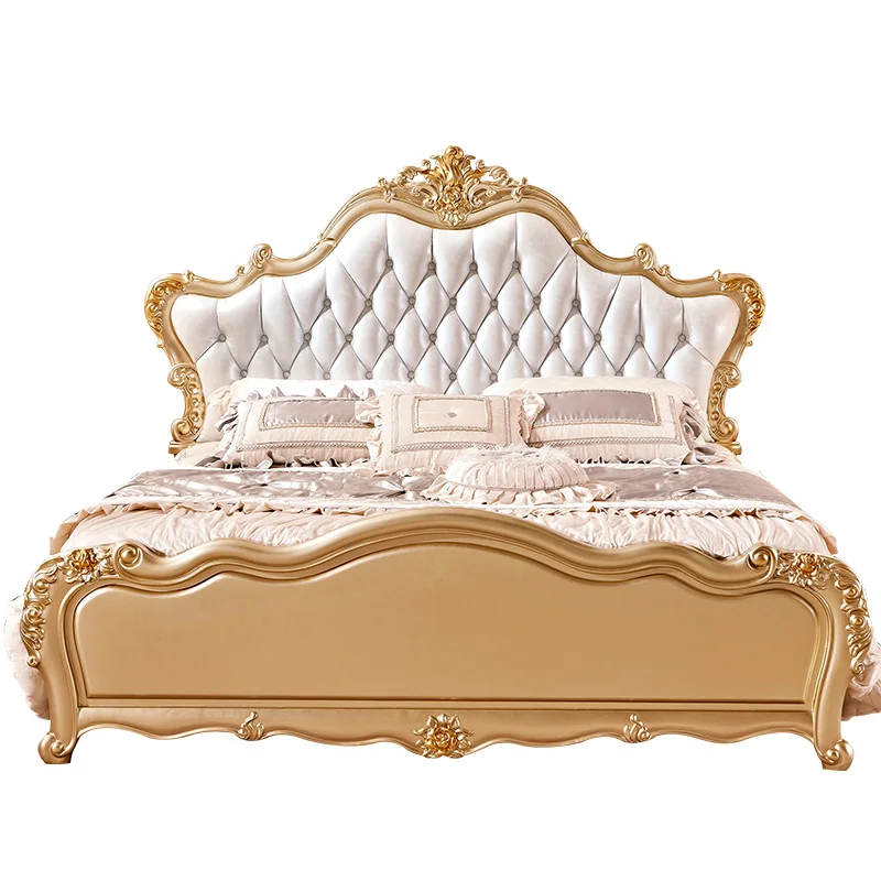 wood bed European double 1.8m genuine leather wedding bed Luxury French carved king bed Master bedroom Champagne gold furniture