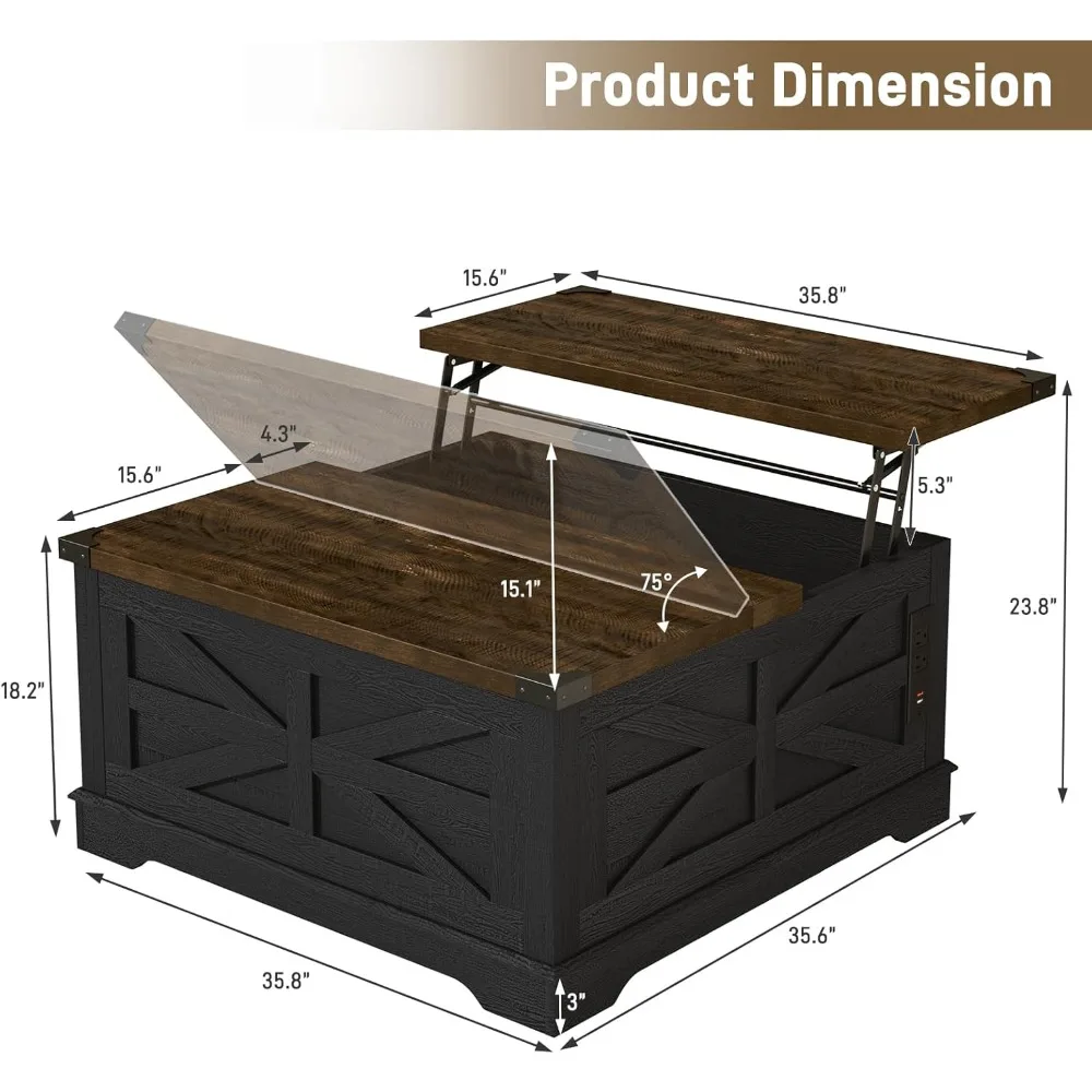 36" Farmhouse Movable Lift Top Coffee Table with Storage and Power Outlets, Square Wood Living Room Tables with Wheels&Large Hid
