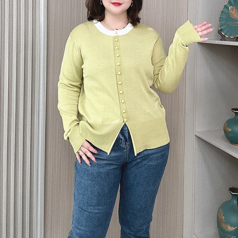 Plus Size Knit Cardigan Women Spring/Autumn New Loose Temperament Jumpers Casual Block Color O-Neck Long Sleeve Sweater 4066