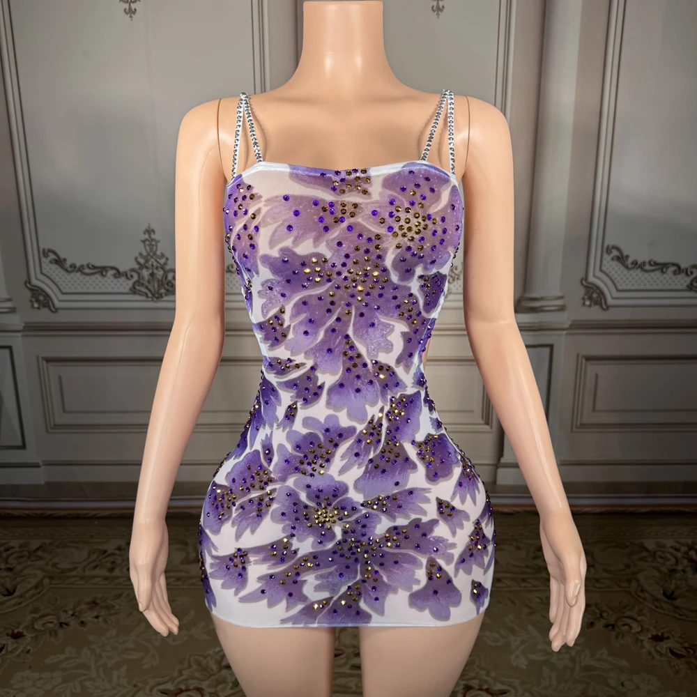 Robe courte à strass scintillants pour femmes, tenue d'été Sexy en maille transparente imprimée, robe de soirée d'anniversaire, vêtements de séance Photo