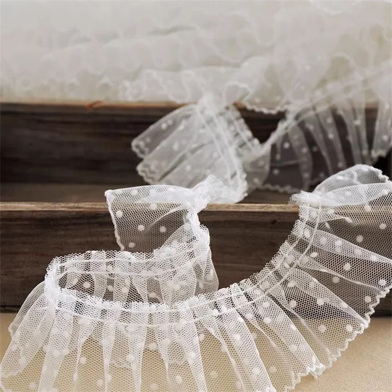 6CM Wide Colorful Polka Dot Net Yarn Ruffle Lace Pleated Fabric Mesh Embroidered Ribbon Dress Curtains Handmade Sewing Material