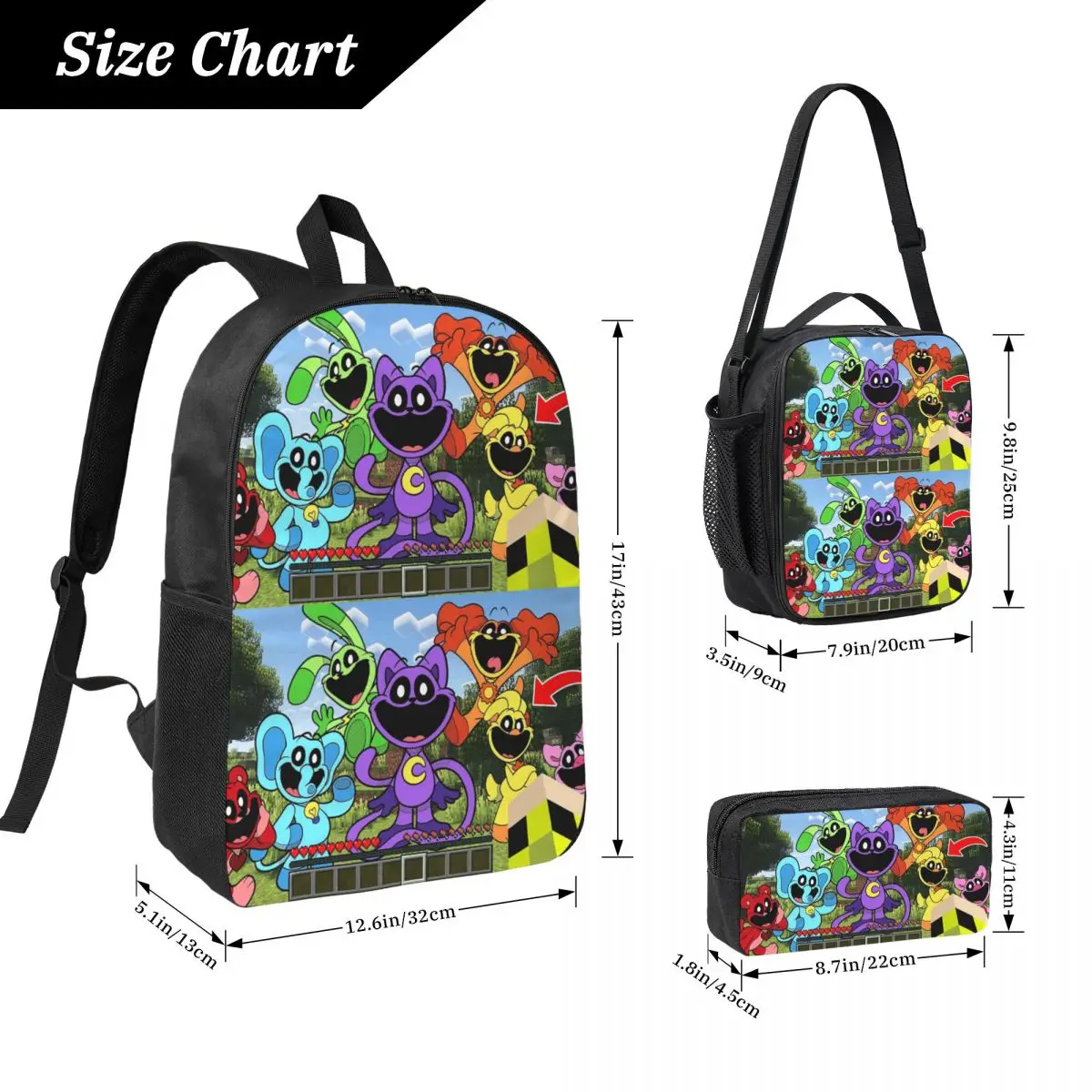 Smiling Critters Cartoon Game Backpack Student Boys Girls BookBag School Bag Shoulder Bags 3ps Insulated Lunch Bag Pencil Case