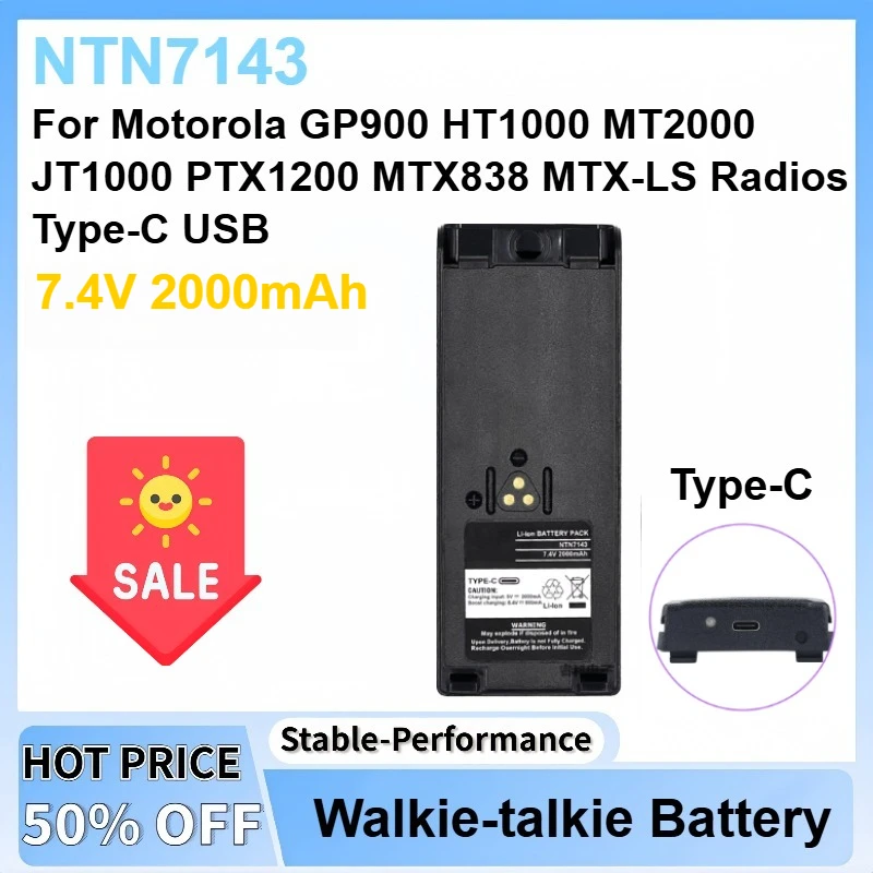 

7.4V 2000mAh NTN7143 Li-ion Battery For Motorola GP900 HT1000 MT2000 JT1000 PTX1200 MTX838 MTX-LS Radios Type-C USB Rechargeable