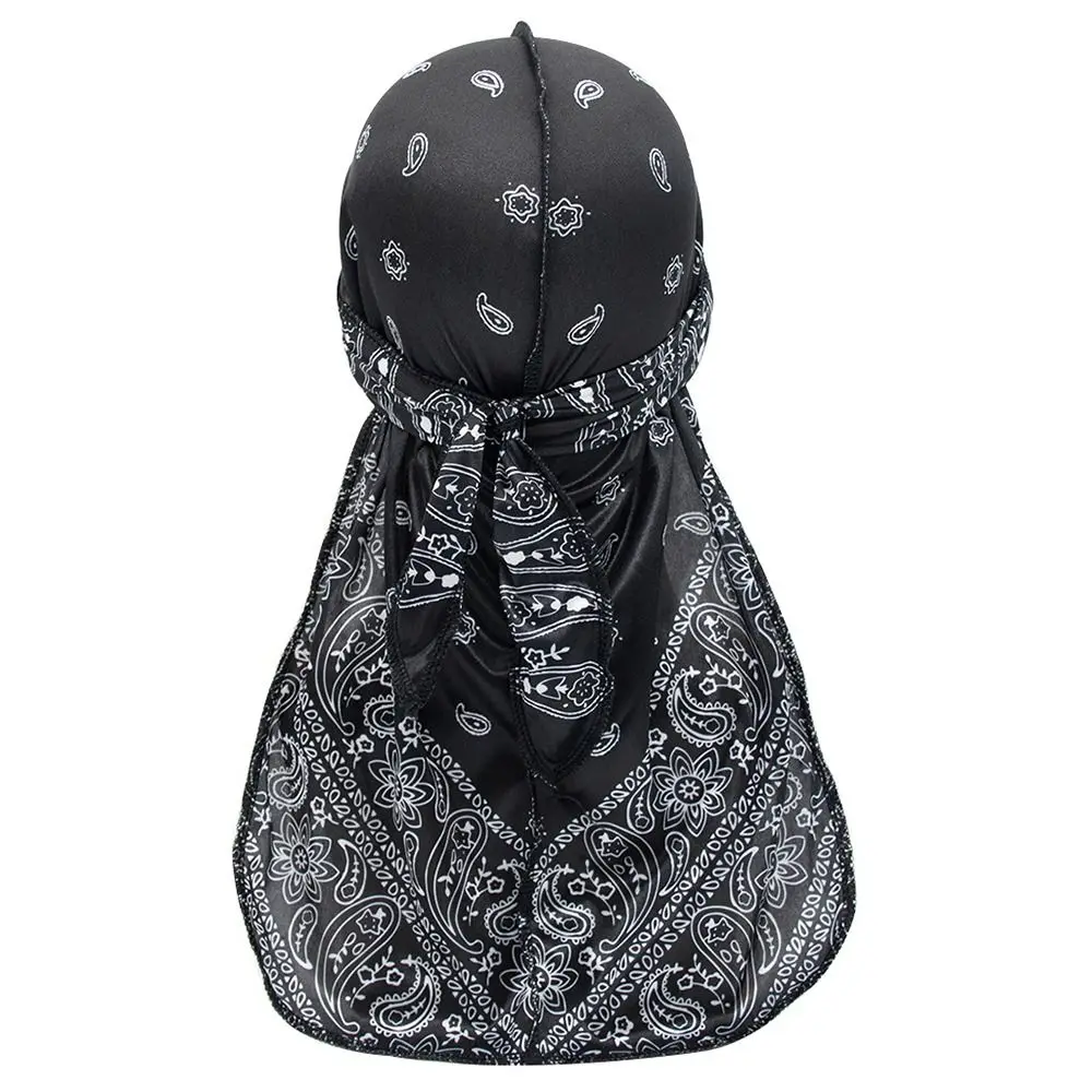 Comfortable Cashew Flower Print Printed Durag Silky Smooth Long Tail Headscarf Breathable Hip Hop Headwear Travel