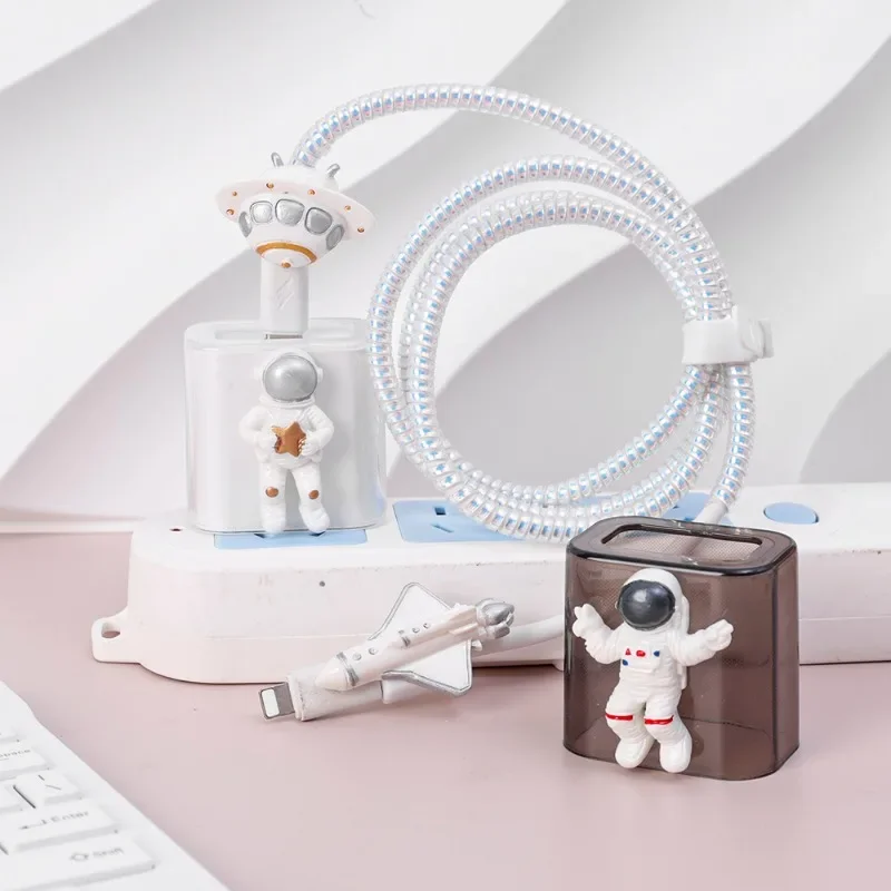 Cute Cartoon 3D Astronaut Silicone USB Cable Protector Spiral Data Line Cord Protective Cover For iPhone 18/20W Winder Organizer