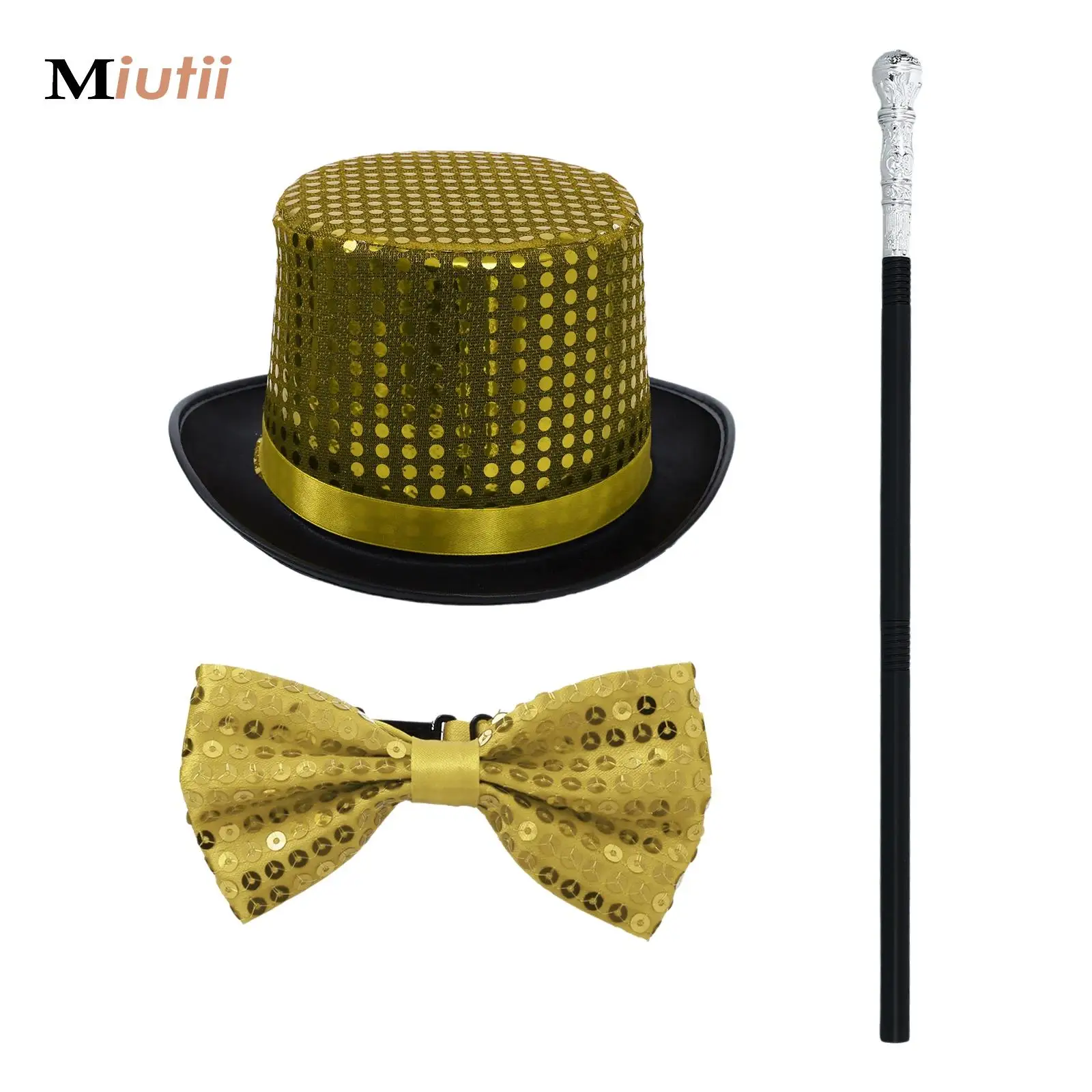 Magician Top Hat with Bowtie And Wand Set Sparkling Mirror Hat for Carnival Jazz Hip Hop Modern Stage Performance Adults Kids