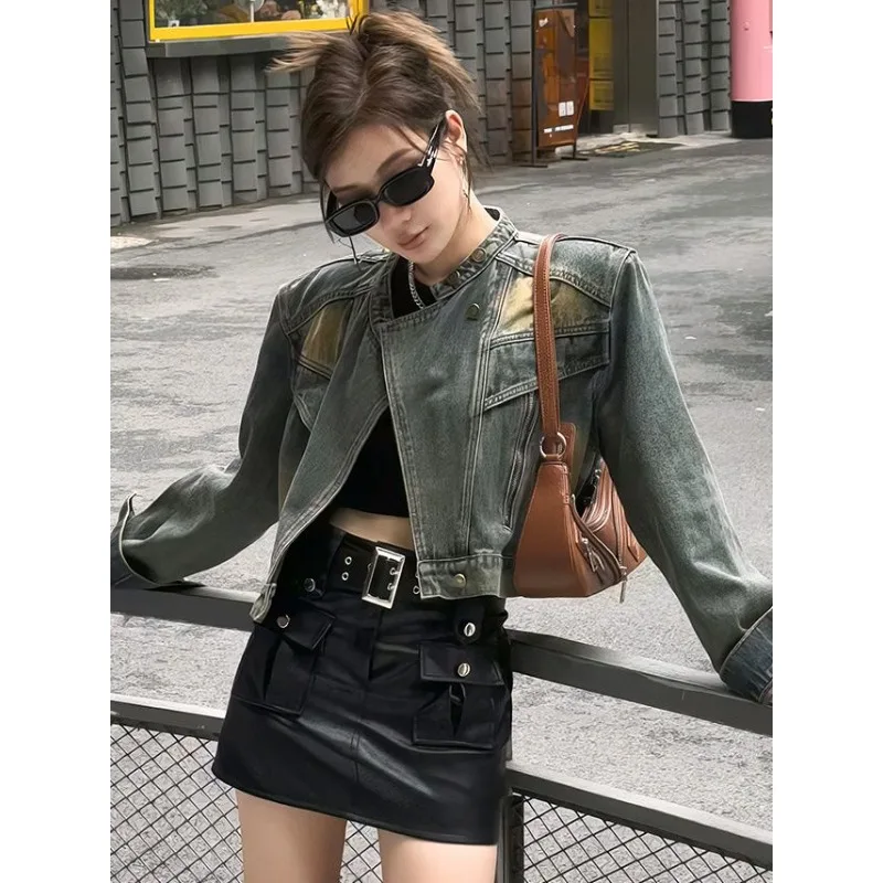 

Новая женская джинсовая куртка-блузка в стиле ретро с воротником-стойкой, укороченная, свободного кроя, на молнии, для весны/осени, минималистичная, повседневная, нишевая модель