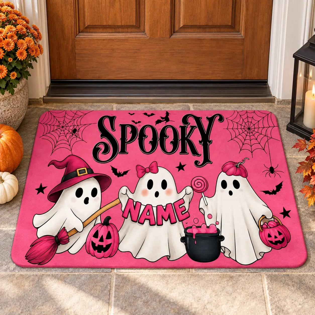 1Pc Personalized Name Spooky Pink Ghost Witch Halloween Door Mat, Custom Welcome Rug, Whimsical Cartoon Entry Mat For Front Door, Porch, Halloween Home Decoration
